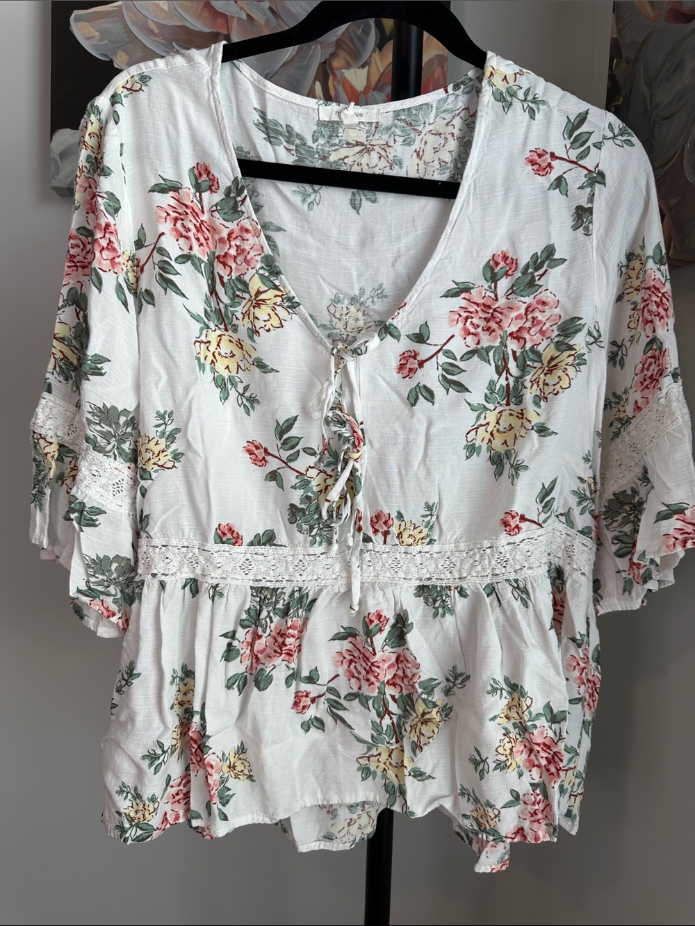 Maurices White Floral Lace-Trim Peplum Tunic - Pink & Yellow Flowers